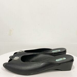 OKA b. Black Peep-Toe Wedges with Jewel Accent